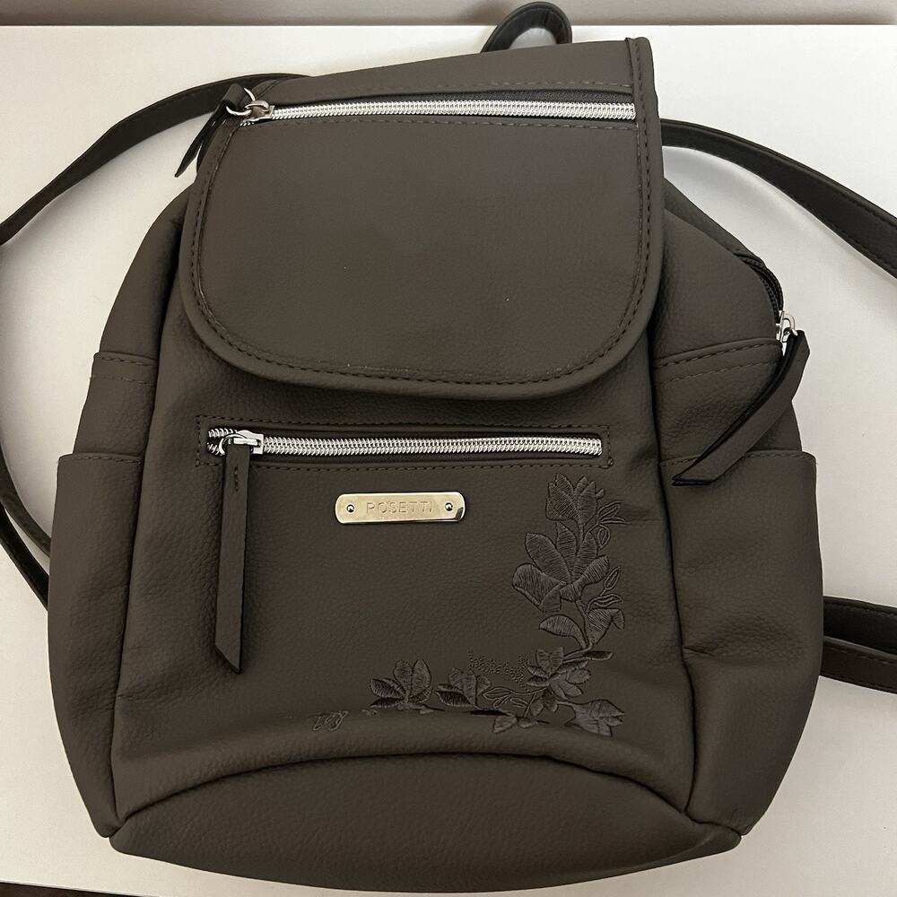 Rosetti Women's Black Floral Embroidered Backpack Purse Zip, Pockets, Silver